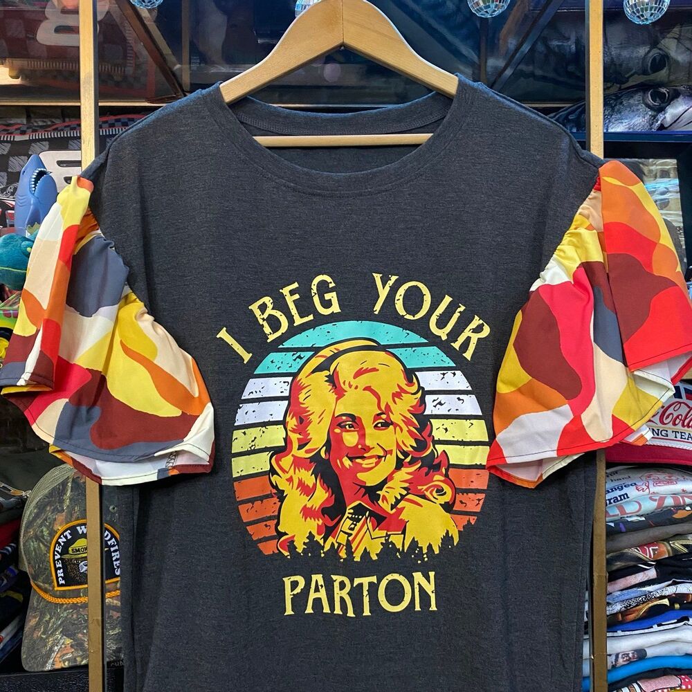 Custom Dolly Parton Country Music T-Shirt Ruffle Sleeve Ruched Charcoal Orange - Picture 6 of 6